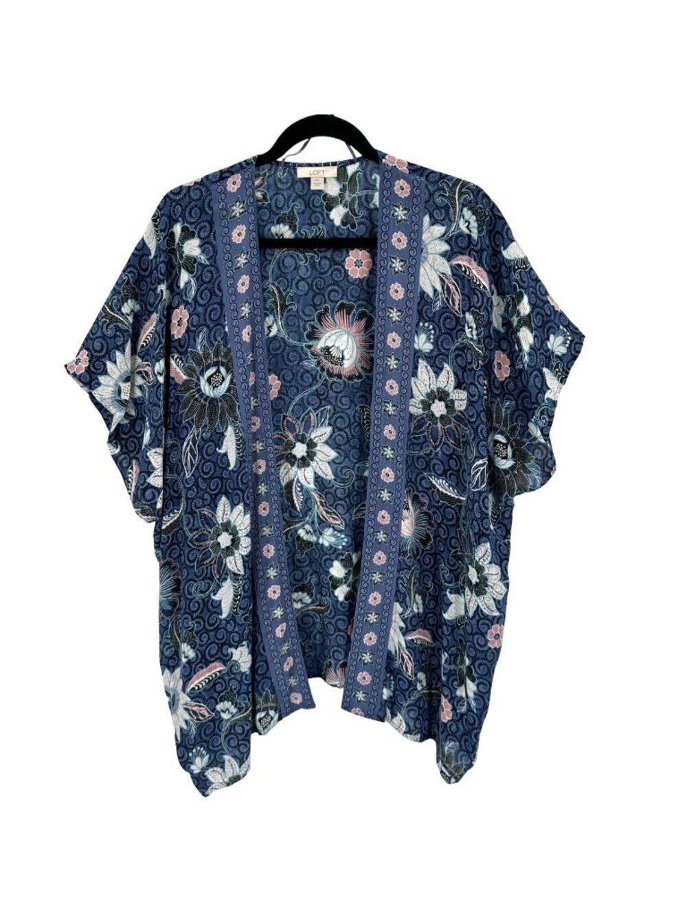 Loft Womens Boho Floral Open-Front Kimono Cardigan M/L Blue Lightweight Modal
